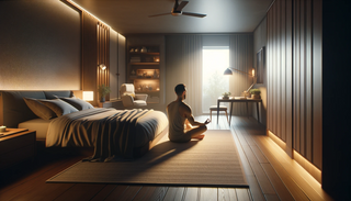 A man practicing meditation techniques before bed he learned by using the Sleep Toolbox.